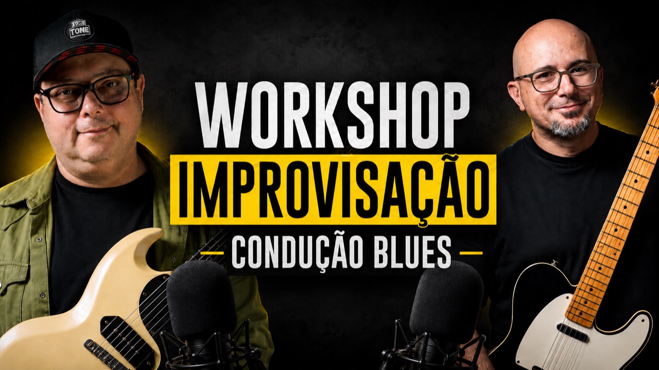 Workshop Improvisação, aula sobre condução de blues, com Michel Caramelo e Brunetti
